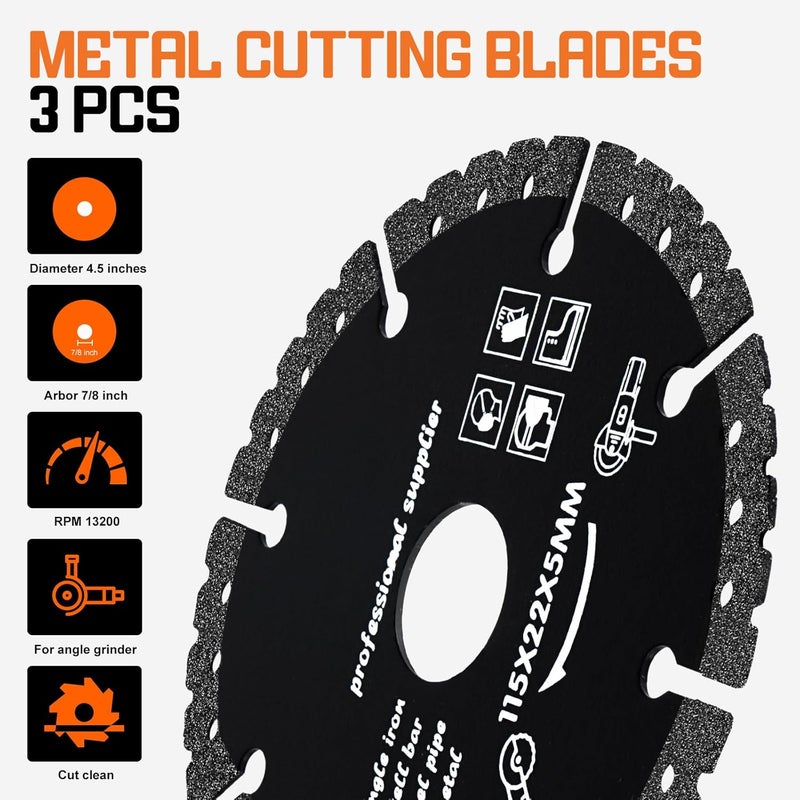 UBGN 3 Pcs Diamond Cut Off Wheels 4.5 Inch, Metal Cutting disc with 7/8" Arbor, Angle Grinder Cutting Disc for Rebar, Steel, Iron and INOX - Image 2